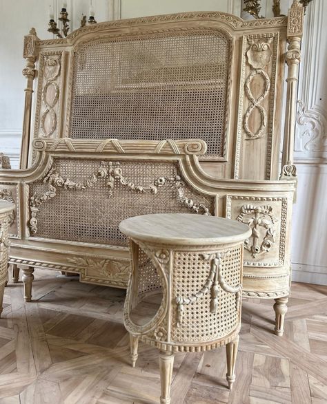 Rattan Bed Frame, Country Bedrooms, Rattan Bed, French Country Bedrooms, French Bedroom, Wood Carving Designs, Distressed Texture, Carving Designs, French Furniture