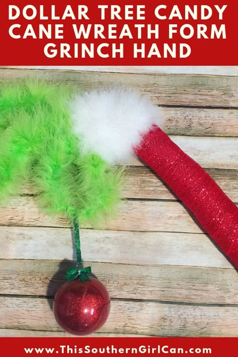 Make this awesome Grinch decoration with a candy cane wreath form from Dollar Tree! Dollar Tree Candy Cane Wreath, Dollar Tree Candy Cane, Grinch Candy, Candy Cane Wreath Tutorial, Candy Cane Wreath Diy, Grinch Crafts, Grinch Wreath, Grinch Hand, Grinch Decorations