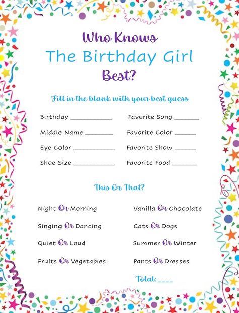 Who Knows the Birthday Girl the Best Birthday Game Digital Print - Etsy 16 Birthday Game Ideas, Who Knows The Bday Girl Best, B Day Activities, Fun Birthday Game Ideas, Who Knows Me Best Questions Birthday, Who Knows The Birthday Girl Best, Birthday Games Ideas, Birthday Questions, Games Birthday Party