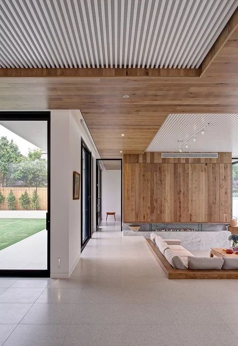 minimalist, mid-century neutral sunken living room ideas Minimalist Dekor, Interior Design Minimalist, Minimal Interior Design, Sunken Living Room, House Ceiling Design, Ceiling Design Modern, Living Room Design Inspiration, Wooden Ceilings, Design Room