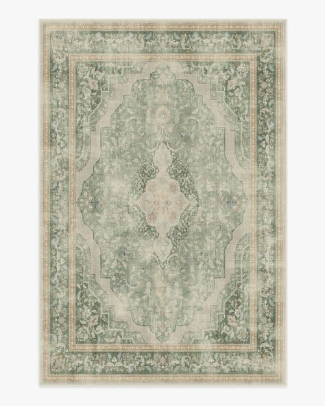 Inspired by classic European rug patterns, our Adeline Natural Sage Rug features a gently distressed diamond medallion with ornate corners and borders in shades of sage green, terracotta, gold, teal, and cream. Water-resistant, stain-resistant, and machine-washable. Green Ruggable Rug, Sage Green Rug, Sage Rug, Yellow Grey Rug, Ruggable Rug, Rug Patterns, Teal Rug, Burgundy Rugs, Chenille Rug