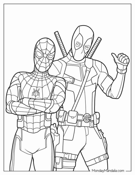 If you're a lover of comic books and the MCU, you are in for a real treat with these 20 mischievous Deadpool coloring pages that are all free to download and print! If you have a student or a young one that is looking for an engaging coloring activity, these printables are sure to fit the bill! Printable Superhero Coloring Pages, Colouring Pages Spiderman, Colouring Pages Marvel, Spiderman And Deadpool Drawing, Deadpool And Wolverine Coloring Pages, X Men Coloring Pages, Cool Coloring Pages Creative, Spiderman Colouring, Deadpool Kawaii