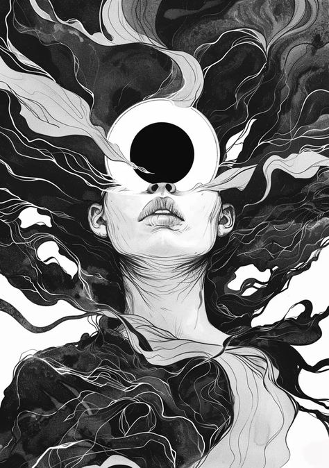 The image is a black and white drawing of a woman's face. She has long, flowing hair and her eyes are closed ->> more details in ai-img-gen.com Letting Go Sketch, Face High Contrast, Head Exploding Art, Face Realistic Drawing, Portrait High Contrast, Hiding Identity, Drawing With Shading, Creepy Illustration, Psychology Wallpaper