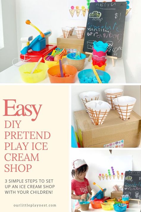 Easy set up of this DIY Ice Cream Dramatic Play Scene for imaginative play and role playing. Children will love this Ice Cream Pretend Play Cart. Set it up with your children in 3 simple steps! Diy Ice Cream Shop, Ice Cream Parlour Role Play, Ice Cream Dramatic Play, Dramatic Play Toddlers, Play Ice Cream Shop, Pretend Play Ice Cream, Dramatic Play Diy, Diy Pretend Play, Ice Cream Seller