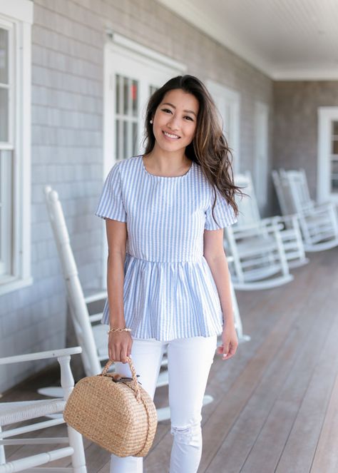 striped peplum top straw basket bag nantucket outfit Nantucket Outfit, Seersucker Top, Extra Petite, Wine Food, Mode Hijab, Style Korean, Girls Fashion Clothes, Food Festival, 80s Fashion