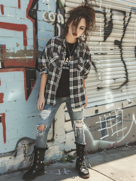 Skirt With Fishnets, 90s Grunge Outfits, Layered Clothing, Jeans And Combat Boots, Combat Boot Outfit, 90’s Grunge, Oversized Plaid Shirts, Branded Outfits, 90s Fashion Grunge