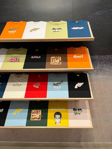 Golf Wang Aesthetic, Merch Display Ideas, Tshirt Display Ideas Retail, Golf Merchandising, Ivan Ramen, Screen Printing Press, T-shirt Photography, Retail Store Interior Design, Clothing Store Interior