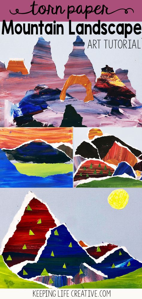 This Torn Paper Mountain Landscape Art project creates a unique visual for kids when learning about faith to “move a mountain,” mountain landforms —  or any other mountain lesson. Mountain Collage Art, National Park Crafts For Kids, Mountain Crafts For Kids, Mountain Classroom, Landscape Art Lessons, Mountain Landscape Art, Mountain Crafts, Recreation Therapy, Toddler Classroom