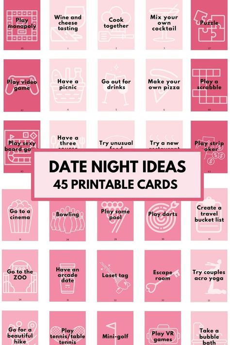 Printable date night ideas cards-  Perfect Valentines or anniversary gift for someone special in your life. Game Date Night, Game Date, Date Night Cards, Couple Game, Romantic Games, Play Darts, Scrabble Game, Relationship Challenge, Date Night Ideas