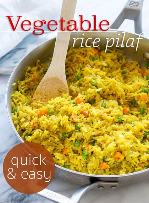 This quick and easy Vegetable Rice Pilaf is a homemade version of the boxed rice variety. My family loves this with dinner! Vegetable Rice Pilaf, Easy Rice Pilaf, Easy Dinner Recipes For Family, Rice Pilaf Recipe, Rice Side Dish Recipes, Pilaf Recipes, Rice Side, Dried Basil, Easy Vegetable