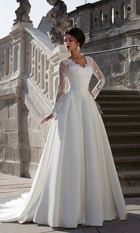 Wedding Dresses A Line, Satin Bridal Gowns, Lace Wedding Dress With Sleeves, Wedding Dress Fabrics, Princess Wedding Dress, Wedding Dresses Strapless, Satin Wedding Dress, Mini Robes, Long Sleeve Wedding