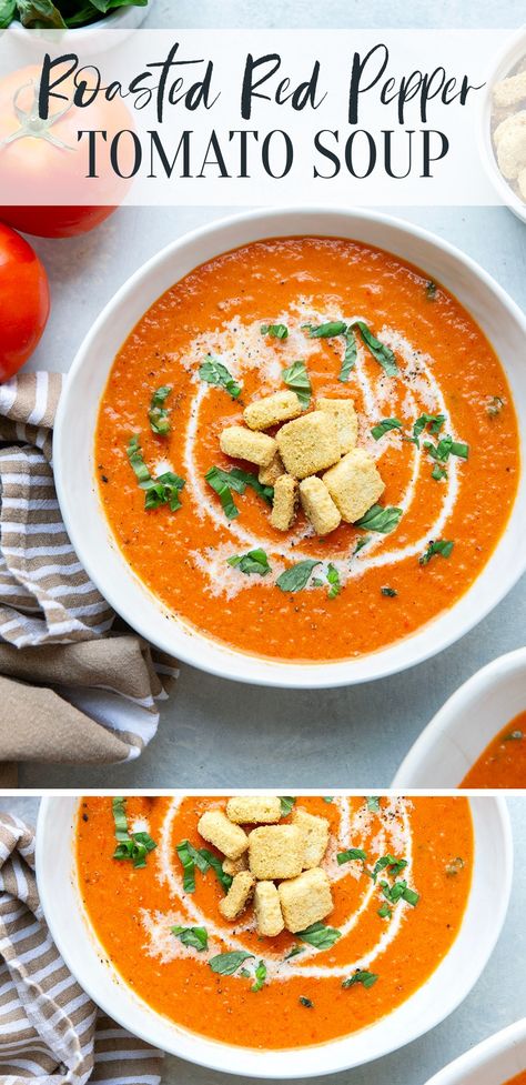 Flavorful roasted red peppers and fresh tomatoes make the most incredible soup base in this creamy, comforting tomato soup! Tomato Red Pepper Soup, Red Pepper Tomato Soup, Fresh Tomato Soup, Roasted Red Pepper Soup, Red Pepper Soup, Soup Base, Roasted Tomato Soup, Fresh Salad Recipes, Creamy Tomato Soup