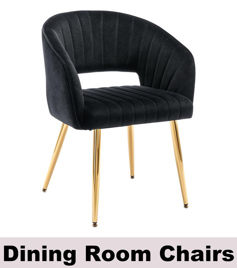 ABET Dining Room Chair 1 pc, Velvet Upholstered Side Chairs Hollow-Out Design with Gold Legs Curved Armrest for Kitchen Living Room Restaurant Coffee, Vanity Accent Armchair Bedroom, Black Modern Velvet Chair, Armchair Bedroom, Tufted Dining Chairs, Tufted Chair, Living Room Restaurant, Dining Room Chair, Vanity Chair, Indoor Chairs, Gold Legs