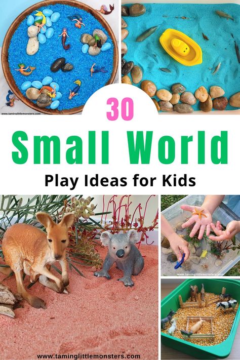 30 Fun Small World Play Ideas for Kids - Taming Little Monsters Small World Tray Ideas, Fall Small World Play, Sensory Small World Play, Messy Play For Preschoolers, Pre Kindy Activities, Pure Imagination Aesthetic, Small World Ideas, Small World Eyfs, Small World Play Ideas