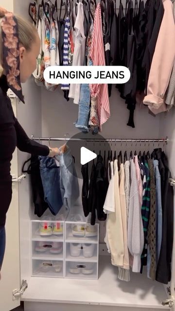 Space Saving Hanging Clothes, Which Clothes To Hang And Fold, Clothes Hanging Hacks, How To Fold Pants On Hanger, Fold Tshirts Save Space, How To Hang Shorts, Hanging Clothes Ideas, Hanging Clothes Organization, Space Saving Folding Clothes