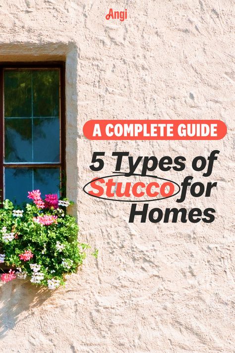 5 types of stucco for homes with a pink stucco home with a flower box at the window Stucco Exterior Colors, Plaster Wall Texture, Stucco Colors, Stucco Texture, Stucco Finishes, Stucco Homes, Porch Makeover, Stucco Exterior, Stucco Walls