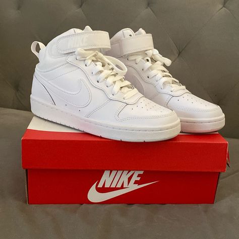 Nib Classic All White Court Borough Mid 2! Size 4y. Bought For My Son And He Outgrew Them Before He Had A Chance To Wear Them. *Make An Offer** All White Nike, White Nike Sneakers, Nike Court Borough Mid 2, Court Borough Mid 2, Nike Court Borough, White Nike, Nike Sneakers, Kids Nike, All White