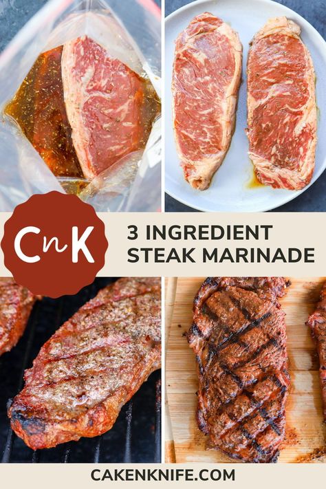 Level up your steak game with this simple but flavor-packed steak marinade. It only requires 3 ingredients, yet it will take your steak to another level. Plus, you can even customize it by adding your preferred extras to the base marinade. Bbq Steak Marinade, Simple Steak Marinade, Beef Marinade Recipe, Strip Steak Marinade, Tenderizing Steak Marinade, Quick Steak Marinade, Easy Steak Marinade, Spring Dinners, Beef Roasts