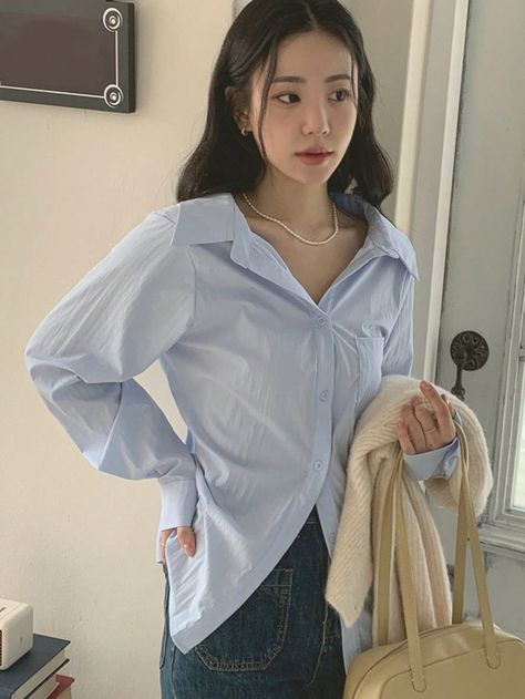 Blue Casual Collar Long Sleeve Woven Fabric Plain Shirt Embellished Non-Stretch Spring/Summer/Fall Women Clothing Shirt Outfit Summer, Viscose Blouse, Blue Button Up Shirt, Plain Shirt, Striped Long Sleeve Shirt, Casual Stripes, Women Blouses, Plain Shirts, Loose Tops