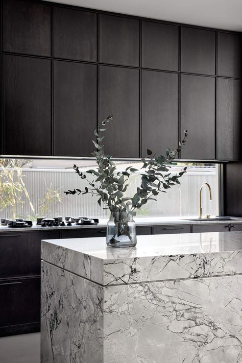 Polished Concrete Kitchen, Kitchen Joinery, Black Modern Kitchen, Modern Black Kitchen, Marble Kitchen Island, Moore House, Kitchen Benchtops, Bespoke Kitchen, Modern Kitchen Island