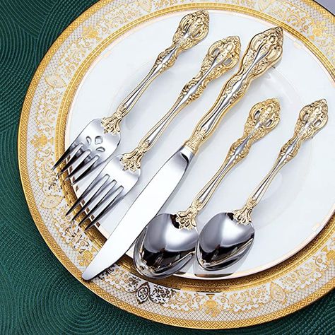 Luxury Silverware, Gold Silverware, Silver Cutlery, Spoon Knife, Baroque Pattern, Cutlery Sets, Stainless Steel Cutlery, Forks And Spoons, Stainless Steel Flatware