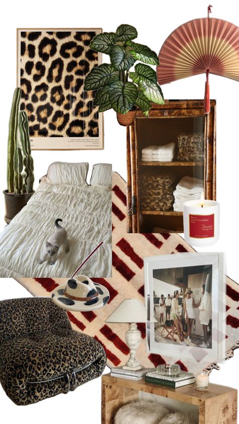 cheetah print, plants, red accents, animal print, cozy, insense. Cheetah Print Rooms, Tropical Room Decor, Animal Print Rooms, Uni Room, Bedroom Red, Bedroom Decor Design, Apartment Decor Inspiration, Room Redo, Cute Home Decor