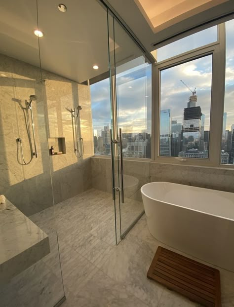 New York Apartment Bathroom Aesthetic, Dream Apartment Aesthetic Bathroom, New York Apartment Interior Kitchen, Nyc Apartments Luxury, Nyc Skyscraper Apartment, Glass Appartments, Cute Big Apartment, Ew York Apartment, Fancy Apartment Bathroom