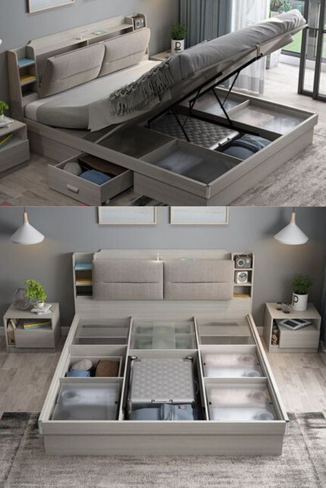 Double Bed Storage, Hydraulic Bed, Space Saving Bed, Bed Designs With Storage, Double Bed Designs, Beds For Small Spaces, Bed Double, Bed Frame Design, Bedroom Interiors