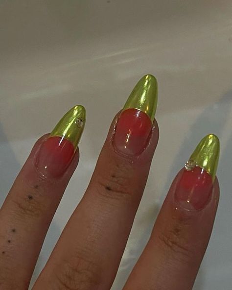 Chrome Tips, Green Jelly, Green Acrylic Nails, Korean Nail Art, Korean Nails, Green Chrome, Jelly Nails, French Tips, I Want To Eat