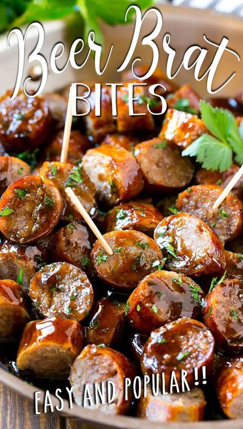 Easy Sausage Appetizers, Beer Brat Appetizer, Beer Brat Pasta, Appetizers For Party Easy Crock Pot, Bratwurst Bites Recipes, Braut Recipes Bratwurst Air Fryer, Recipes Using Beer Brats, Brat Bites Crock Pot, Appetizer Recipes For Dinner Party