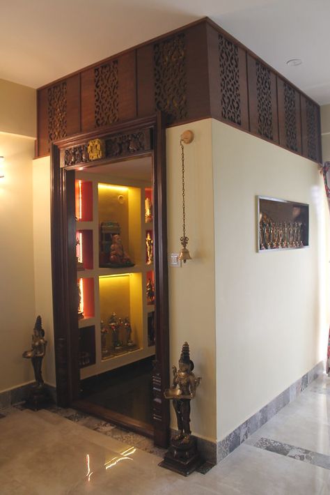 An Interior Designer Shares 10 Pooja Room Designs For Your Home - dress your home - best interior design blog, home decor blog featuring Indian interior designers and architects, Bangalore Pooja Room At Entrance, Puja Room Organization, Puja Room Entrance Design, Pooja Entrance Design, Pooja Room Entrance Design, Room Entrance Ideas, Pooja Room Design Indian, Traditional Pooja Room Design, Pooja Room Ideas Indian Traditional