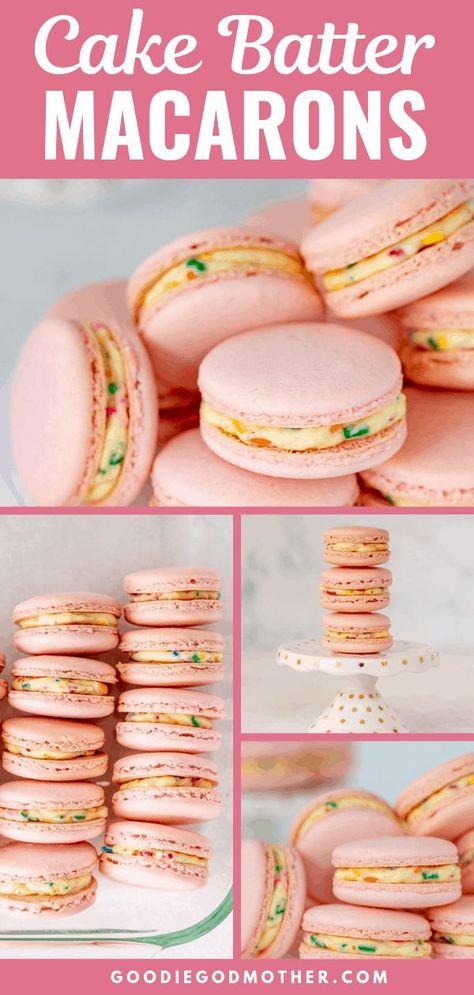 Cake Batter Macarons Recipe, Best Macaron Filling, Cake Batter Macarons, Starburst Macarons, Fun Macaron Flavors, Macaroons Filling Recipe, Cute Macaron Ideas, Fun Macarons, Funfetti Macarons