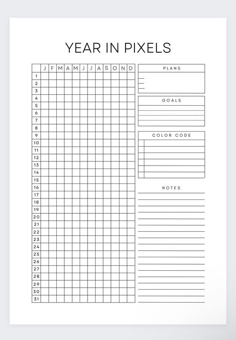 This yearly pixel planner will allow you to make note of how you feel every single day of the year. Keep track of all your emotions big or small each and every day. Make note of your goals and plans as well as the notes you have. This planner includes every single month of the year and room to create or write the emotions, feelings, activities, hobbies or daily tasks each day. This planner has room for you to take note of everything important to you. A Year in Pixels Printable, Yearly Mood Tracker, Year in Pixels Template How To Do A Year In Pixels, Yearly Tracker Printable, What I Did This Year Checklist, Month In Pixels, Year In Pixels Ideas, Yearly Planner Ideas, Year In Pixels Template, Year Planner Ideas, Pixel Tracker