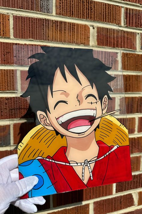 Smiling Monkey D. Luffy on glass in front of brick Luffy Painting Easy, Glass Painting Cartoon, One Piece Acrylic Painting, Luffy Canvas Painting, Luffy Glass Painting, One Piece Painting Canvases, One Piece Glass Painting, One Piece Anime Painting, One Piece Canvas Painting