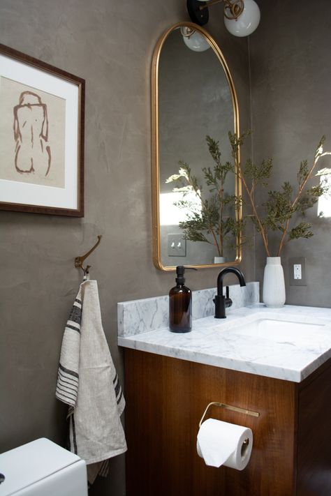 Check out this gorgeous bathroom reveal with roman clay textured walls! Matte Black Finishes, Roman Clay, Transitional Homes, Modern Vintage Bathroom, Black Floor Tiles, Gorgeous Bathroom, Clay Wall, Half Bathroom, Transitional House