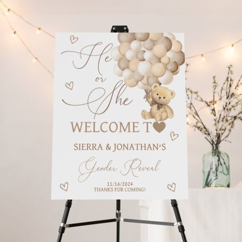 Bear Gender Reveal Neutral Welcome Sign | Zazzle Gender Reveal Name Suggestions Signs, Gender Reveal Neutral Theme Decorations, Neutral Gender Reveal Party Decorations, Bear Gender Reveal Ideas, Gender Reveal Neutral Theme, Bear Themed Gender Reveal, Bear Theme Gender Reveal, Neutral Gender Reveal Ideas, Gender Reveal Neutral