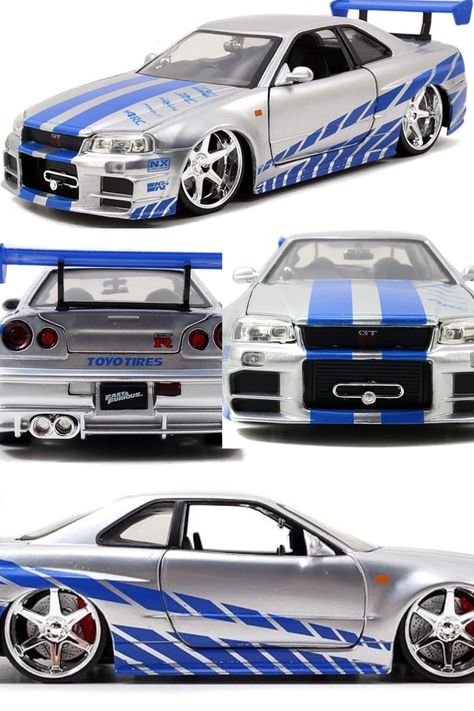 Jada Toys Fast & Furious Brian’s 2002 Nissan Skyline R34 Die-cast Car, 1:24 Scale, Silver & Blue. Official Movie Merchandise 1:24 scale die-cast metal with plastic Openable doors and hood Authentic detailed Adult Collectibles! Recommended for 8 years and up (Small parts, Not for children under 3 years) Blue Toys, Nissan Skyline R34, Movie Merchandise, Skyline R34, Fast Furious, Nissan Skyline, Fast And Furious, Metal Casting, Silver Blue