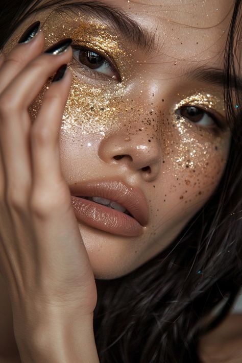 Gold Sparkle Makeup Glitter, Day And Night Makeup Looks, Glitter Mask Makeup, Glitter Flakes Makeup, Shiny Makeup Look Glitter, Gold Glowy Makeup, Yellow Glitter Makeup, Gold Goddess Makeup, Goddess Costume Makeup