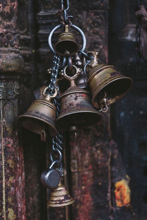 Bells on a hindu temple in Kathmandu, Nepal. by Shikhar Bhattarai for Stocksy United Mongolian Aesthetic, معرض فني, Temple Bells, Little Buddha, Romanesque Architecture, Ring My Bell, Kesha, Hindu Temple, Gongs