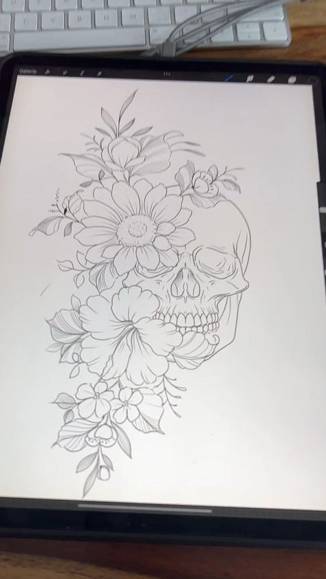 Floral Skull Tattoos, Skull Thigh Tattoos, Skull Tattoo Flowers, Tattoos Floral, Feminine Skull Tattoos, Flores Tattoo, Feminine Tattoo Sleeves, Flower Tattoo Drawings, Skull Sleeve