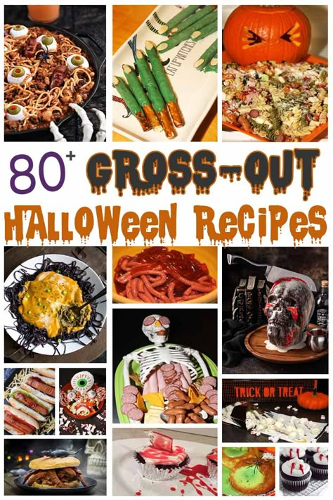 Looking for slimy, yucky, and all out creepy recipes for your Halloween celebrations this month? Check out this collection of over 80 Gross-Out Halloween Recipes! From slimy cakes and bloody treats to body part shaped meals and drinks, we've got all the scary Halloween food you could every want in this spooky roundup! Creepy Foods For Halloween Party, Gross Halloween Snacks, Creepy Desserts For Halloween, Gory Halloween Desserts, Creepy Food For Halloween, Halloween Gross Food, Creepy Recipes, Summerween Food, Gross Recipes