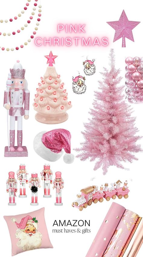 Pink Christmas Decor from Amazon! These are all affordable Christmas decorations including a pink Christmas tree, pink nutcracker, pink ornaments, pink ceramic light up tree, pink Santa earrings, pink train and Santa pillow, a pink glitter star and of course pink wrapping paper. Nutcracker Pink, Pink Train, Pink Xmas Tree, Decor From Amazon, Christmas Tree Pink, Pastel Christmas Decor, Holiday Room Decor, Pink Ornaments, Pink Christmas Decor