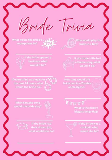 Bridal Trivia template for your hens party games! Answer fun, unique questions about your bride that are bound to get laughs out of your hens party guests!! Once you have downloaded your template, all you need to do is print and ENJOY! :) Bachelorette Party Last Fiesta, Hens Sleepover Party, Bride Trivia Questions, Bachelorette Party Ideas Sleepover, Hens Do Games, Uk Hen Do Ideas, Barcelona Hen Do, Hens Do, Bachelorette Timeline