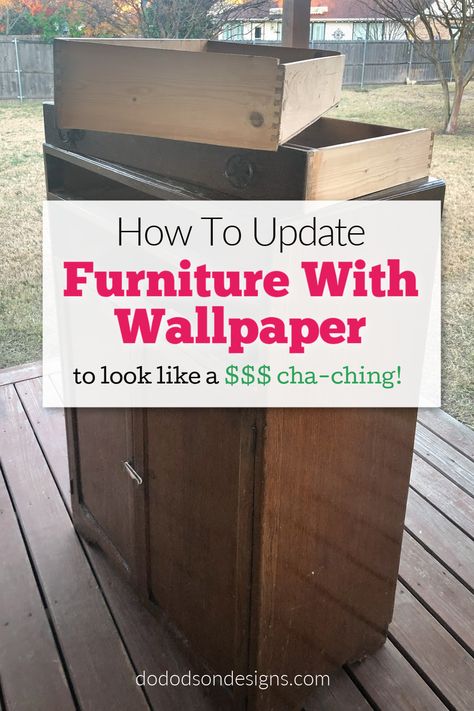 Updating furniture with wallpaper is an easy way to add texture and pattern to refurbish a boring piece. In this tutorial, you will learn how to apply paintable textured paper to bring back the love you once had for your furniture. Not to mention saving you money by DIYing it yourself. Furniture With Wallpaper, Wallpaper Drawers, Wallpaper Dresser, Paintable Textured Wallpaper, Updating Furniture, Update Furniture, Cupboard Makeover, Wallpaper Cabinets, Furniture Flipping Business