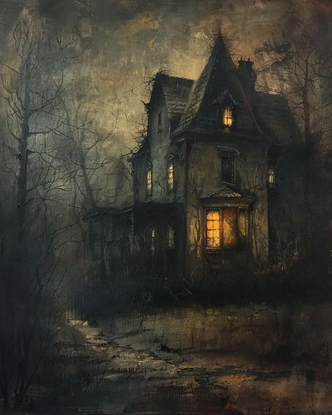 Midjourney AI Image: very detailed sharp image ,vintage, aged oil painting of a haunted house. canvas texture, dark moody... → more in ai-img-gen.com Scary House Painting, Haunted House Watercolor Painting, Gothic Architecture Painting, Hunted House Draw, Dark Ages Art, Appalachia Folklore, Haunted Paintings, Creepy Painting Ideas, Haunting Paintings