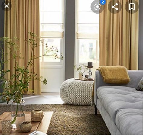 Yellow Window Treatments, Yellow Curtains Living Room, Gold Curtains Living Room, Gray Interiors, Purple Living Room, Window Treatments Living Room, Yellow Curtains, Living Room Windows, Dining Living Room