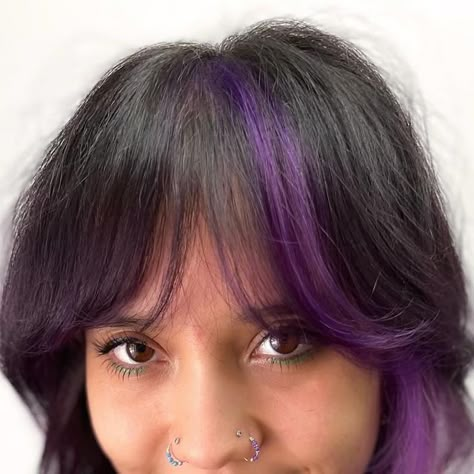 Purple Highlights With Bangs, Peekaboo Hair Color Layers, Purple Hair Streaks Brunette, Purple Streak In Hair, Color Streak In Hair, Layered Purple Hair, Purple Curtain Bangs, Purple Peekaboo Highlights For Dark Hair, Purple Streak In Brown Hair