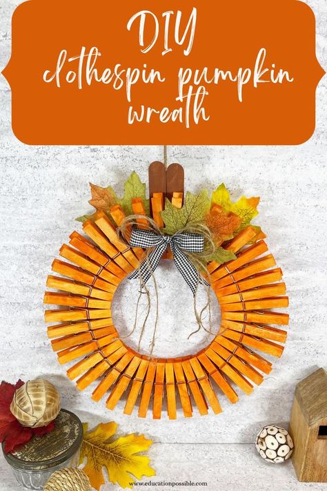 Fall Button Wreath, Diy Crafts For Seniors Citizens, Fall Clothes Pin Wreaths, Fall Clothespin Wreath Diy, Wreath Fall Diy, Clothespin Wreaths Ideas, November Crafts For Senior Citizens, October Crafts For Senior Citizens, Fall Clothespin Wreath