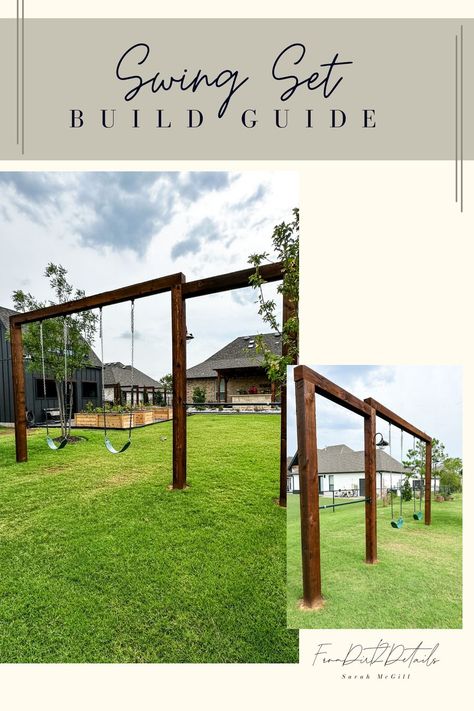 Swing Set Build Guide Swing Set Plans, Kid Friendly Backyard, Swing Set Diy, Backyard Playset, Diy Swing, Backyard Swings, Pergola Ideas, Backyard Playground, Outdoor Decor Backyard