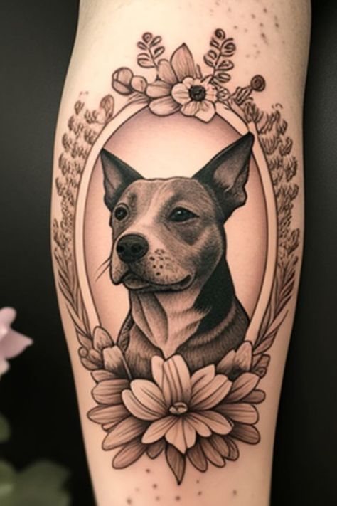 Honor the memory of your faithful companion with a beautifully crafted pet memory tattoo. #FaithfulFriend #MemoryTattoo Dog Portrait Tattoo Black And White, Memorial Tattoo For Dog Ideas, Pet Portrait Tattoo Frame, Dog Frame Tattoo, Animal Portrait Tattoos, Bonnie Tattoo, Rip Dog Tattoos, Ramona Tattoo, Maggie Tattoo